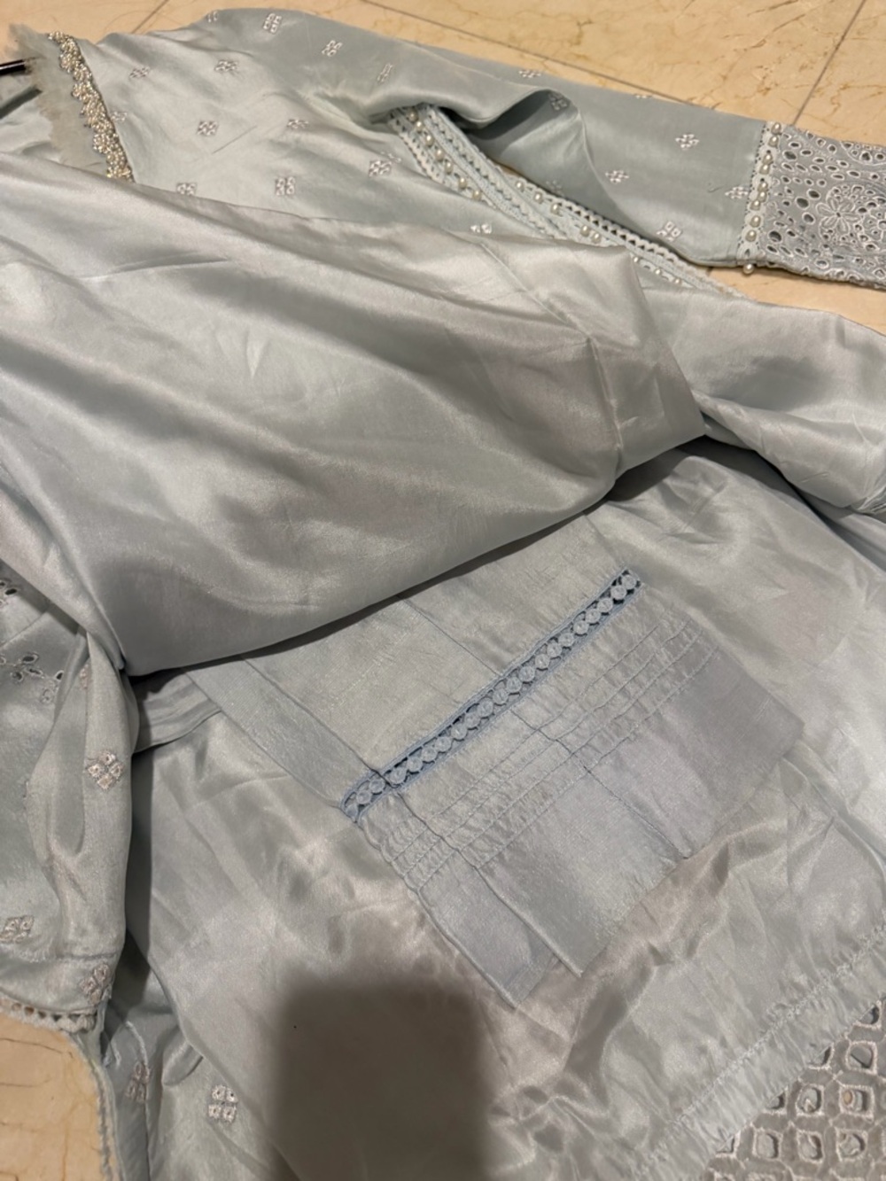 Farah Talib Aziz Daphne Shirt, Trouser and Dupatta in Ice Blue Size Medium - Picture 9 of 9